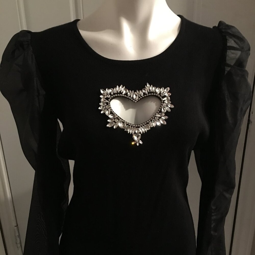 Ashley Steward Black Rhinestone Sexy Heart Sweater  -  Size Medium  Cache2